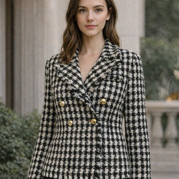 NWT House of Harlow 1960 Plaid Tweed Fringe Blazer Women’s-Large Old Money Chic - Picture 1 of 10